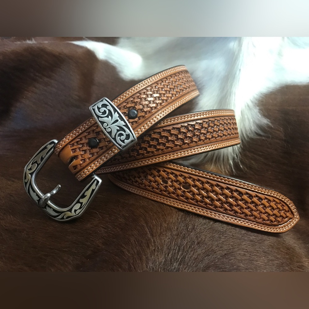 Vogt Men’s Brown Basket Weave Leather Belt 44 Nwot Ho… Gem